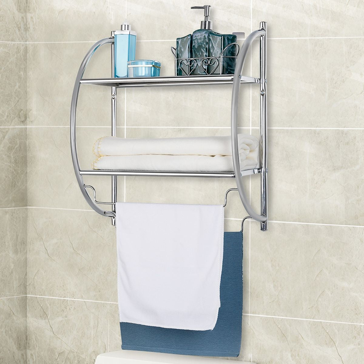 Etagère Murale De Salle De Bain Porte-Serviettes Avec 2 Tablettes Et 2 Barres En Métal Chromé 45X25,5X55Cm Argenté