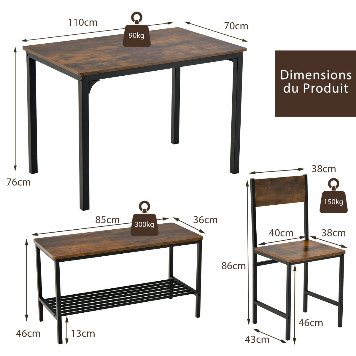 Ensemble Table Et 2 Chaise 1 Banc 4 Personnes Style Industriel Structure En Métal Pour Salle À Manger Restaurant Cuisine Marron/Gris/Café