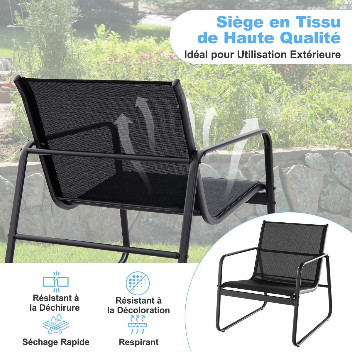 Salon De Jardin 3 PCS En Textilène Anti-Uv Table Basse En Verre Trampé Cadre En Métal Marron/Noir