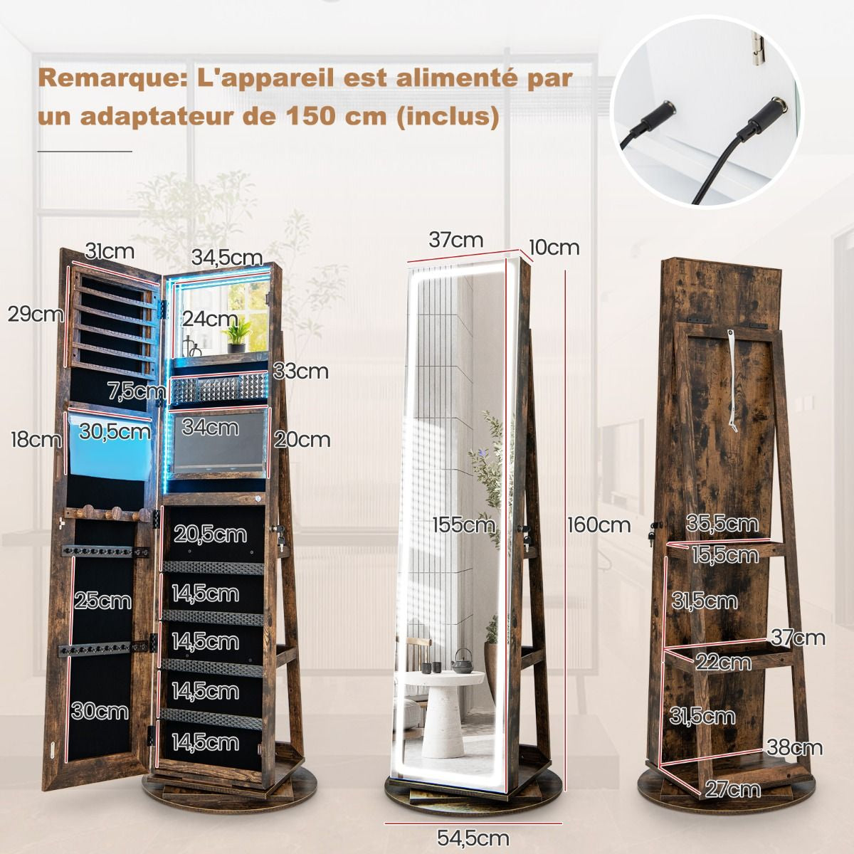 Armoire À Bijoux Avec Miroir Sur Pieds Pivotant 360° Grand Miroir Psyché Sans Cadre Avec LED Verrouillable Placard Beauté 3 Étagères Blanc/Café