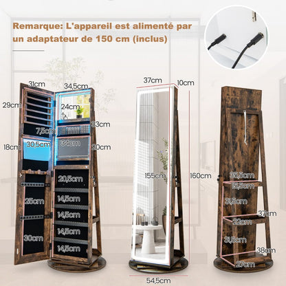 Armoire À Bijoux Avec Miroir Sur Pieds Pivotant 360° Grand Miroir Psyché Sans Cadre Avec LED Verrouillable Placard Beauté 3 Étagères Blanc/Café