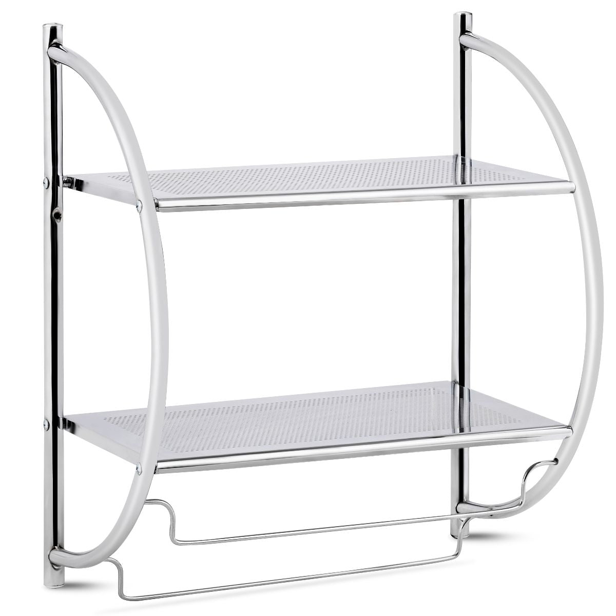 Etagère Murale De Salle De Bain Porte-Serviettes Avec 2 Tablettes Et 2 Barres En Métal Chromé 45X25,5X55Cm Argenté
