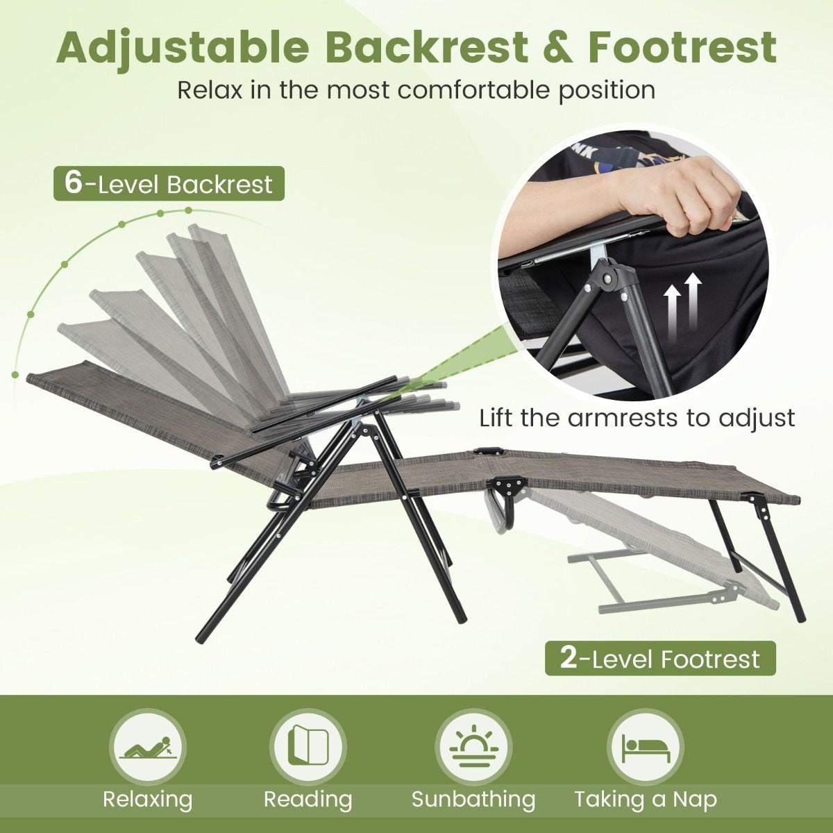 Chaises Longues Pliantes Fauteuil 2 Pièces Dossier À 6 Niveaux Tissu De Siège Respirant Cadre En Métal Solide Chaises Inclinables Réglables Gris/Noir/Café
