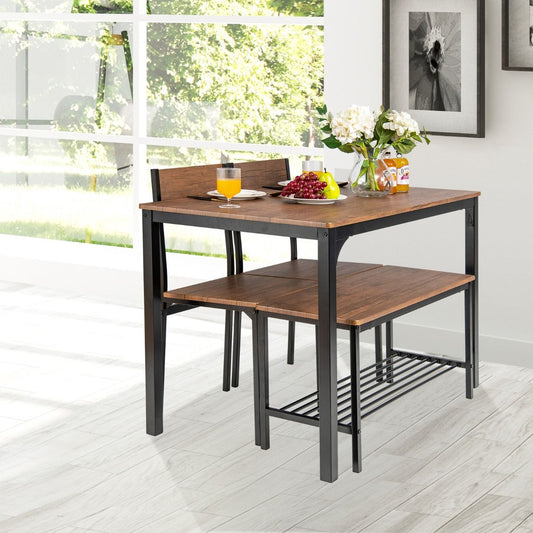 Ensemble Table Et 2 Chaise 1 Banc 4 Personnes Style Industriel Structure En Métal Pour Salle À Manger Restaurant Cuisine Marron/Gris/Café