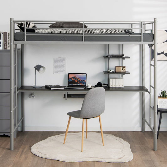 Lit Mezzanine En Métal Avec Bureau 2 Etagères Et 2 Echelles Lattes En Acier Et Garde-Corps 200 Cm X 95Cm X 180,5Cm Argent/Blanc/Noir