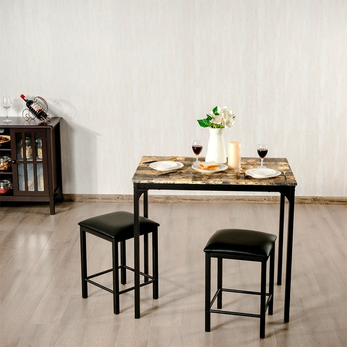 Table Haute Cuisine Avec 2 Tabourets Table Bar Cuisine Cadre En Métal Mange-Debout Industriel Pour Bistro Salle À Manger Cuisine Blanc/Café/Noir