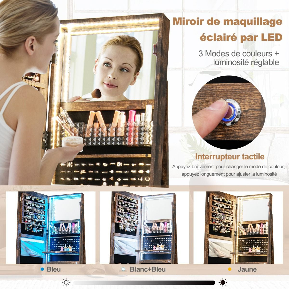 Armoire À Bijoux Avec Miroir Sur Pieds Pivotant 360° Grand Miroir Psyché Sans Cadre Avec LED Verrouillable Placard Beauté 3 Étagères Blanc/Café