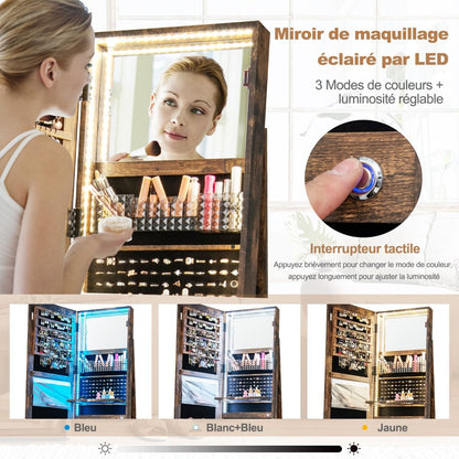 Armoire À Bijoux Avec Miroir Sur Pieds Pivotant 360° Grand Miroir Psyché Sans Cadre Avec LED Verrouillable Placard Beauté 3 Étagères Blanc/Café
