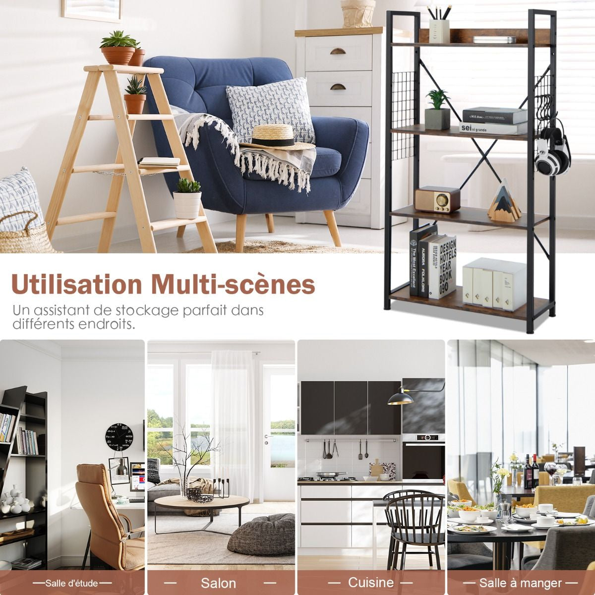 Étagère Industrielle À 4 Niveaux Bibliothèque Multifonctionnelle Avec Patins Et Étagère Réglables Pour Salon Bureau 64 X 24 X 110 Cm Café