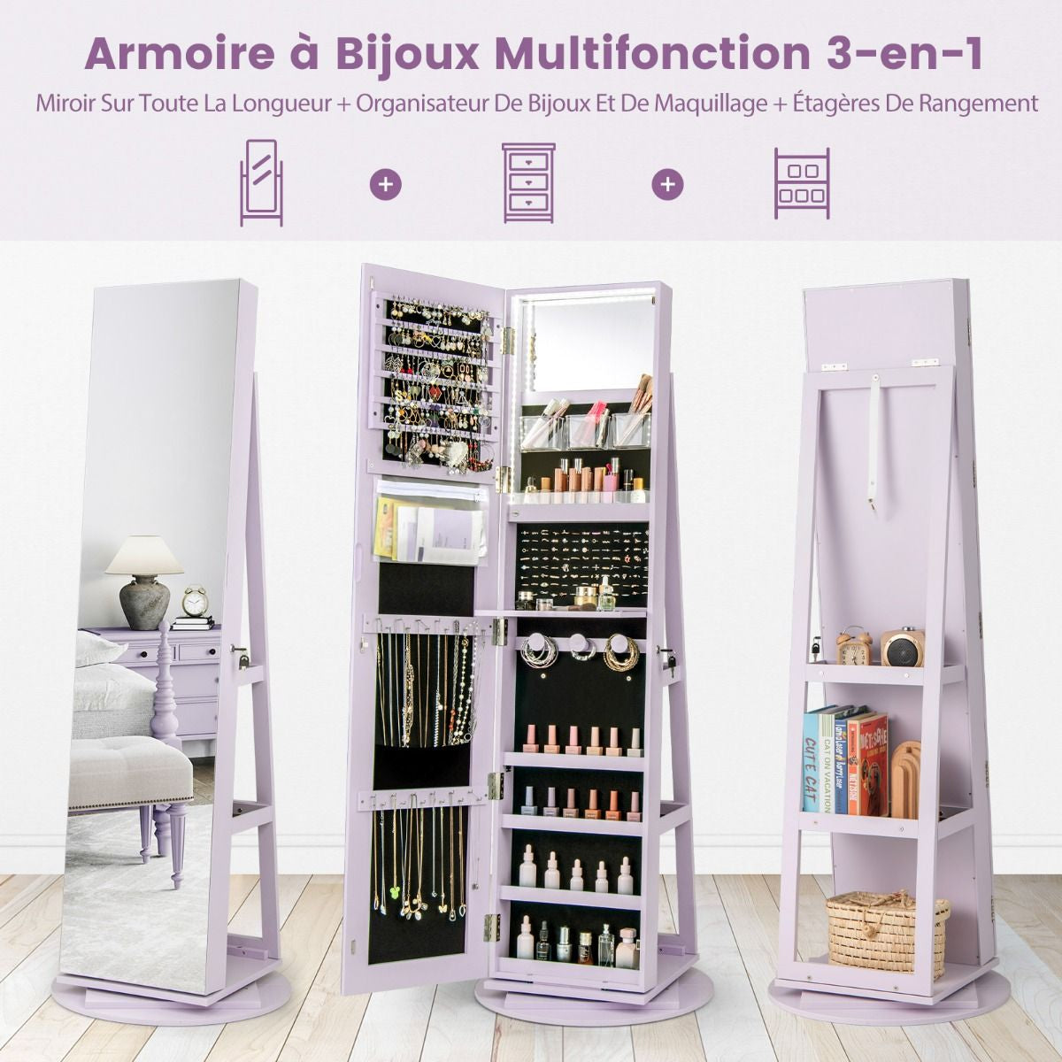 Armoire À Bijoux Pivotante À 360°Avec Lumières LED 3 Couleurs Miroir Pleine Longueur Et Étagère 3 Niveaux En Arrière 10 Couleurs Au Choix