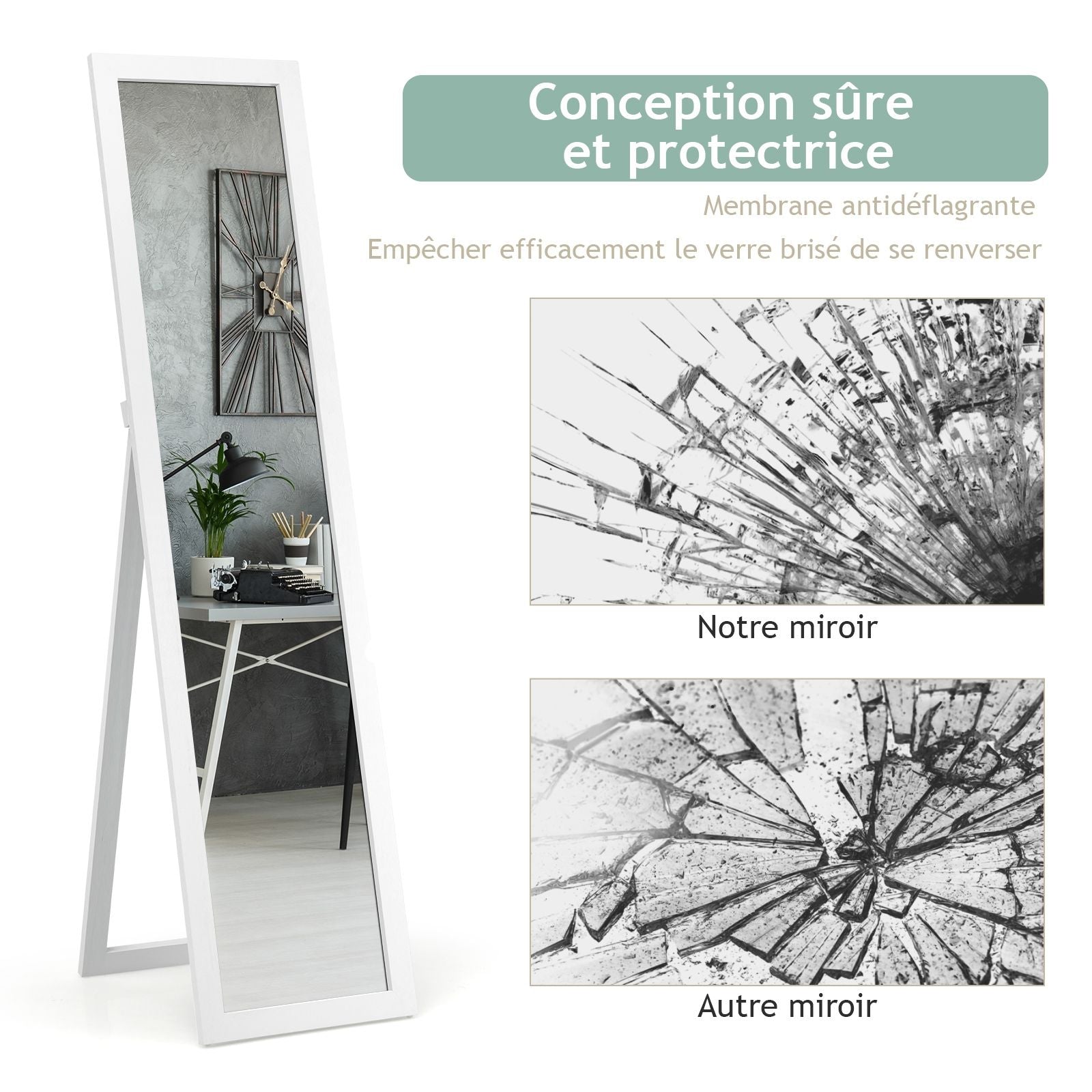 Miroir Sur Pied Psyché Miroir Autoportant Rectangulaire 155 X 37 Cm Style Scandinave Moderne Blanc/Naturel/Noir