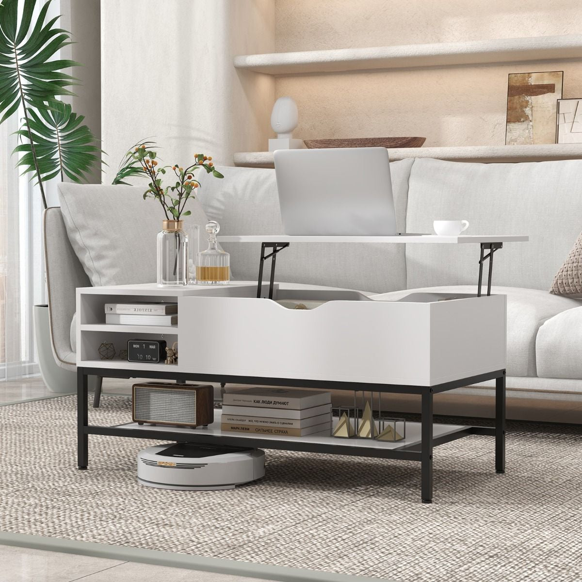 Table Basse À Plateau Relevable Table De Salon Avec Compartiment Caché Et Etagère De Rangement Amovible Table Centrale Rabattable Blanc/Gris