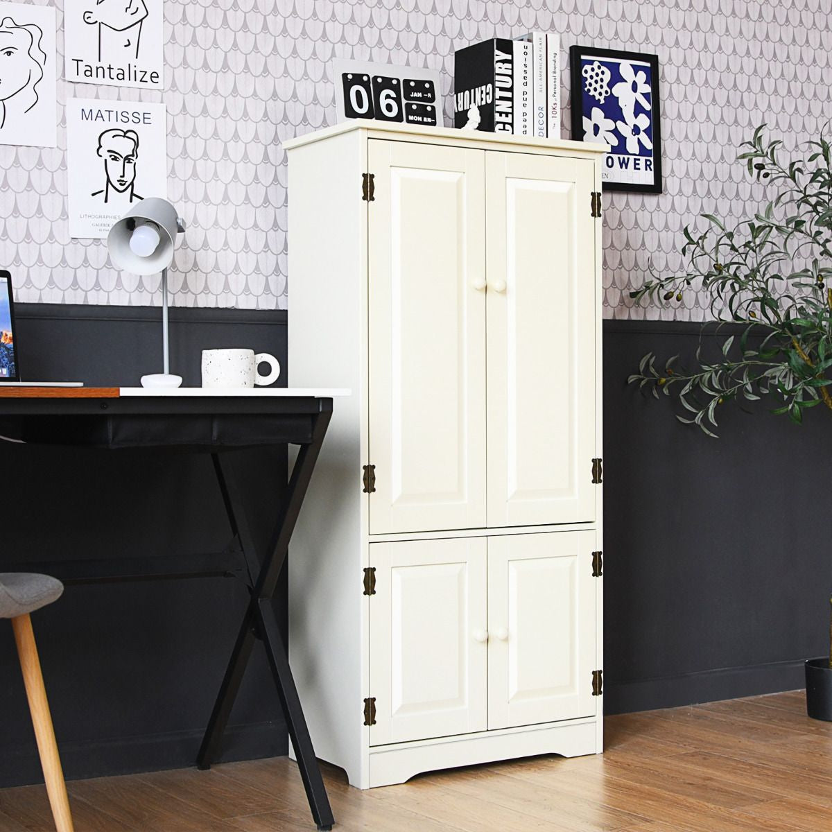 Armoire De Chambre Avec 2 Porte De Style Vintage Avec 2 Etagères Réglables À 5 Positions En MDF Blanc/Noir
