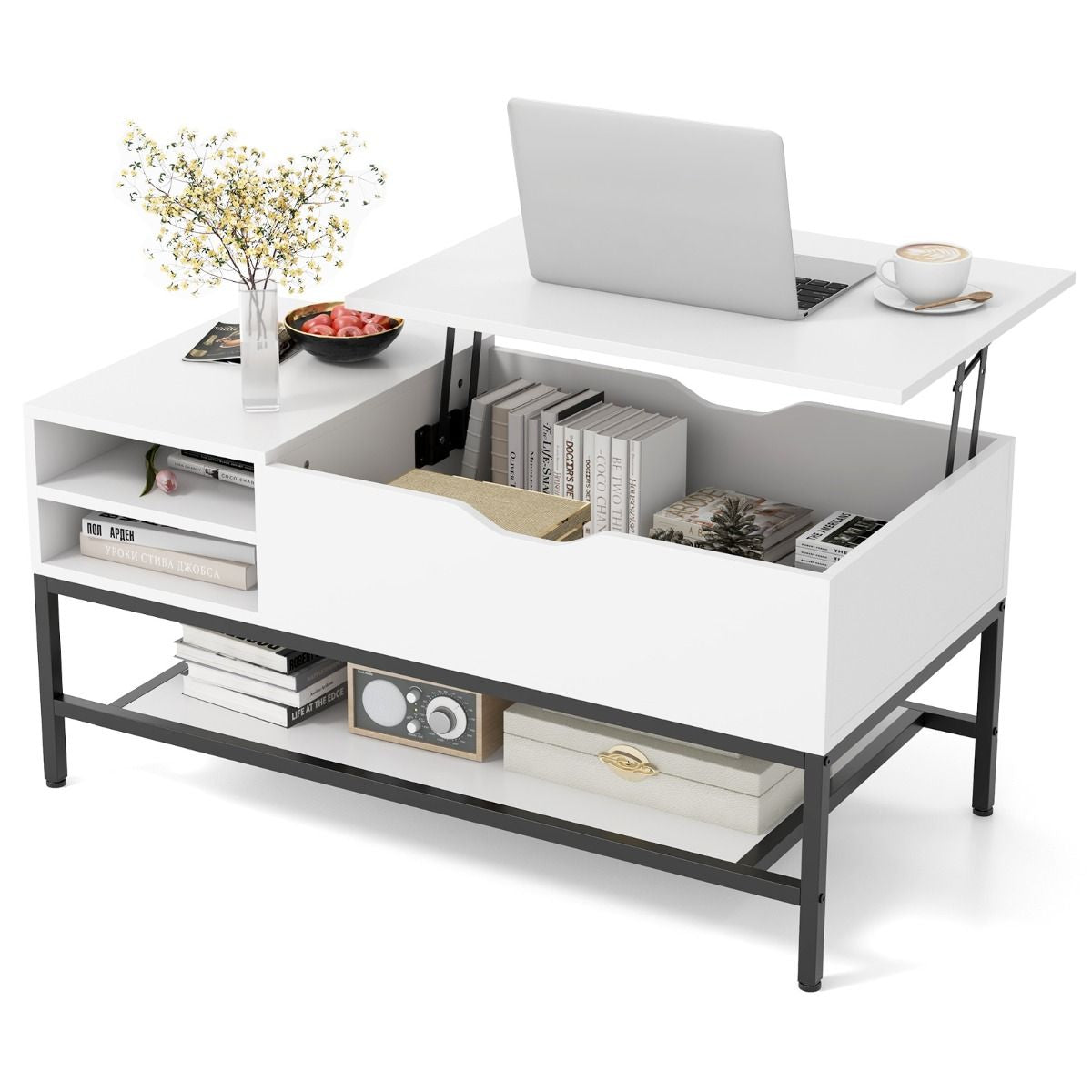 Table Basse À Plateau Relevable Table De Salon Avec Compartiment Caché Et Etagère De Rangement Amovible Table Centrale Rabattable Blanc/Gris