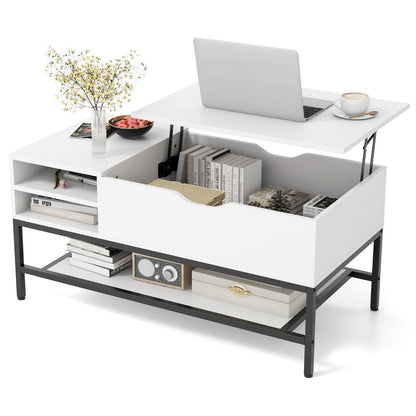 Table Basse À Plateau Relevable Table De Salon Avec Compartiment Caché Et Etagère De Rangement Amovible Table Centrale Rabattable Blanc/Gris