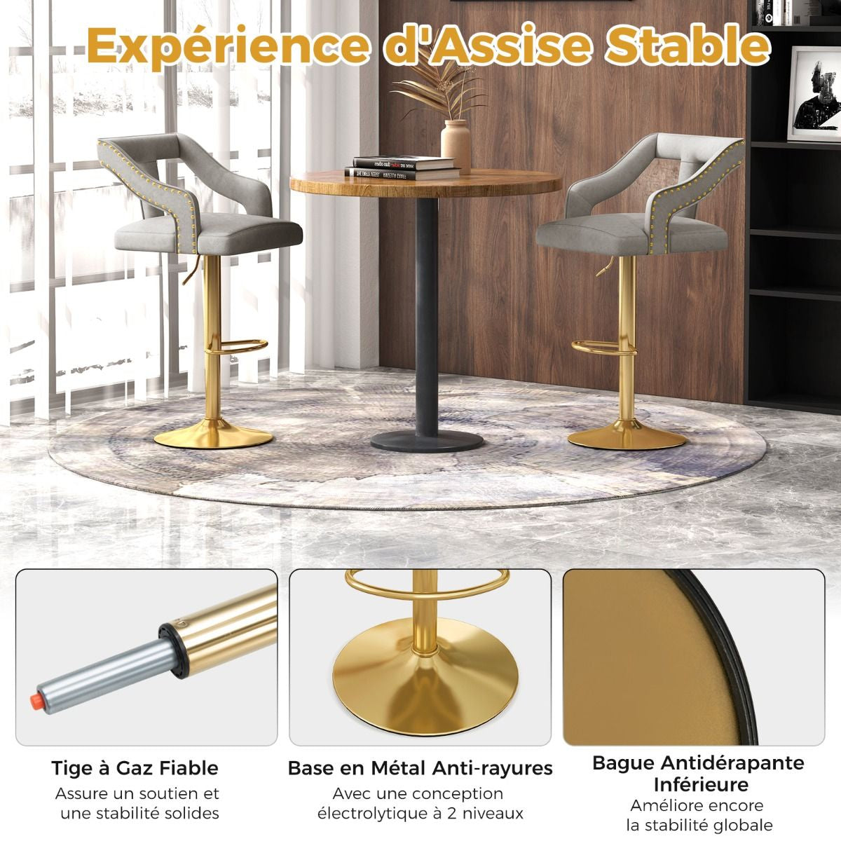 Lot De 2 Chaises De Bar Pivotantes Et Réglables Repose-Pied Base En Métal Galvanisé Anneau Antidérapant Gris/Rose