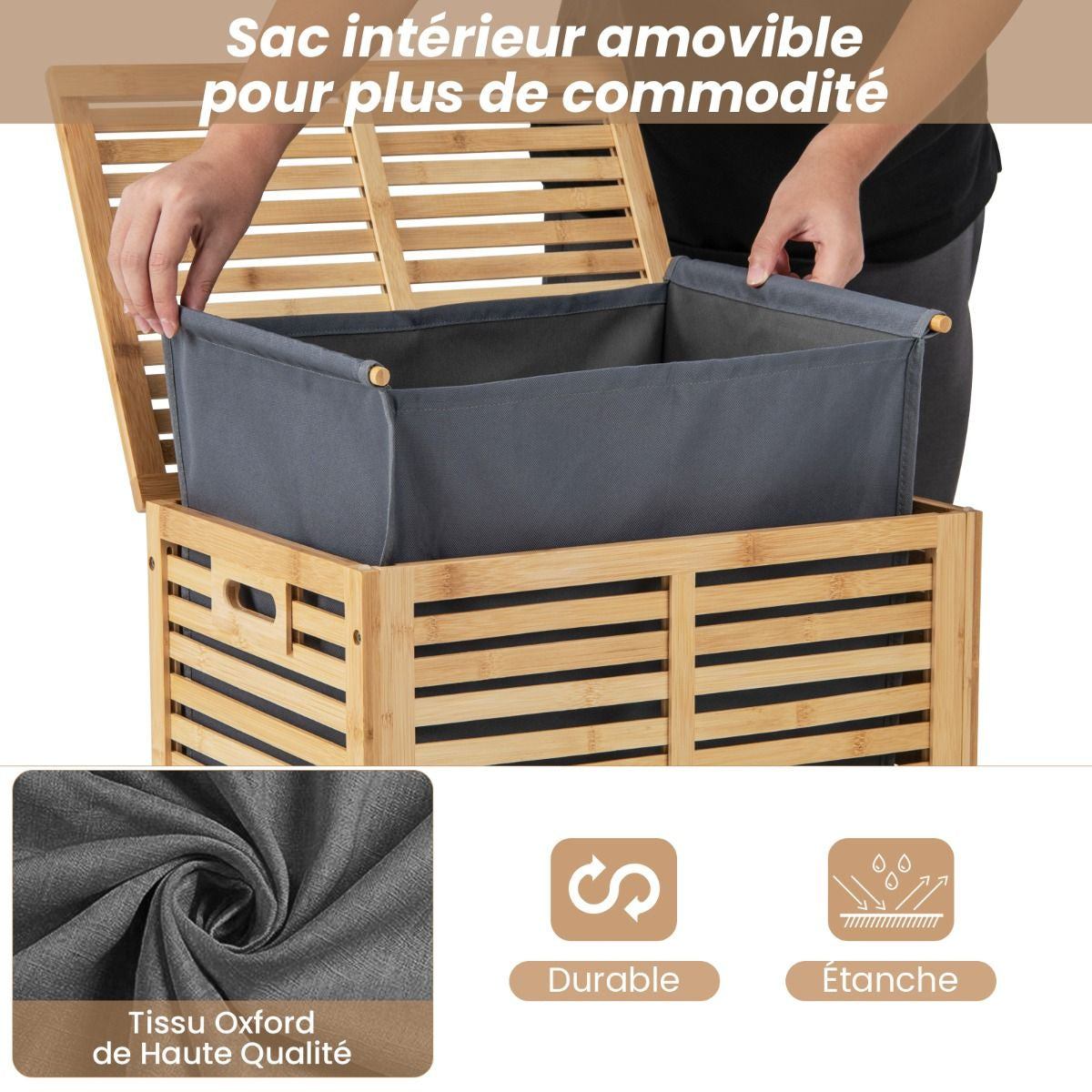 Panier À Linge 80L En Bambou Corbeille À Linge Avec Couvercle Sac À Doublure Et Poignées 50 X 35 X 62 Cm Naturel
