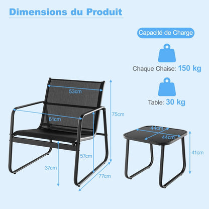 Salon De Jardin 3 PCS En Textilène Anti-Uv Table Basse En Verre Trampé Cadre En Métal Marron/Noir