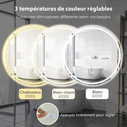 Miroir De Salle De Bain LED Ø 60 Cm Avec 3 Eclairages Interrupteur Tactile Et Fonction Anti-Buée
