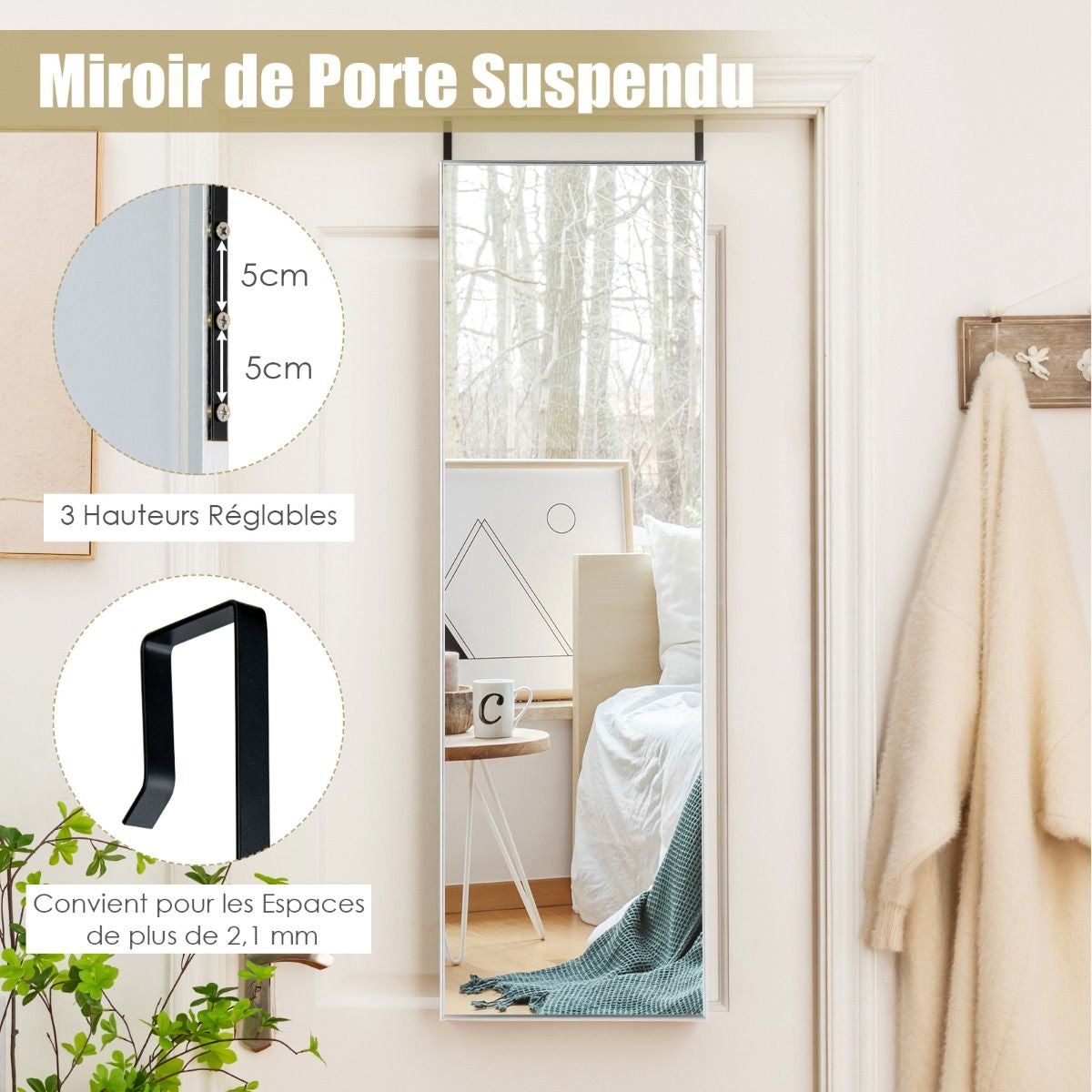 Miroir HD Psyché Mural Miroir Rectangulaire De Grand Format H 120 X L37 CM Cadre Argent En Alliage D'Aluminium Noir/Argent/Or