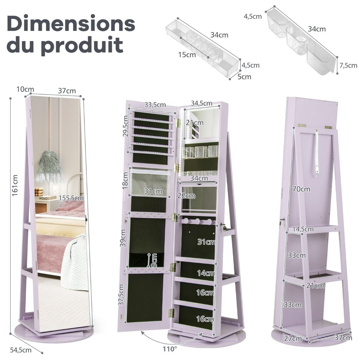 Armoire À Bijoux Pivotante À 360°Avec Lumières LED 3 Couleurs Miroir Pleine Longueur Et Étagère 3 Niveaux En Arrière 10 Couleurs Au Choix