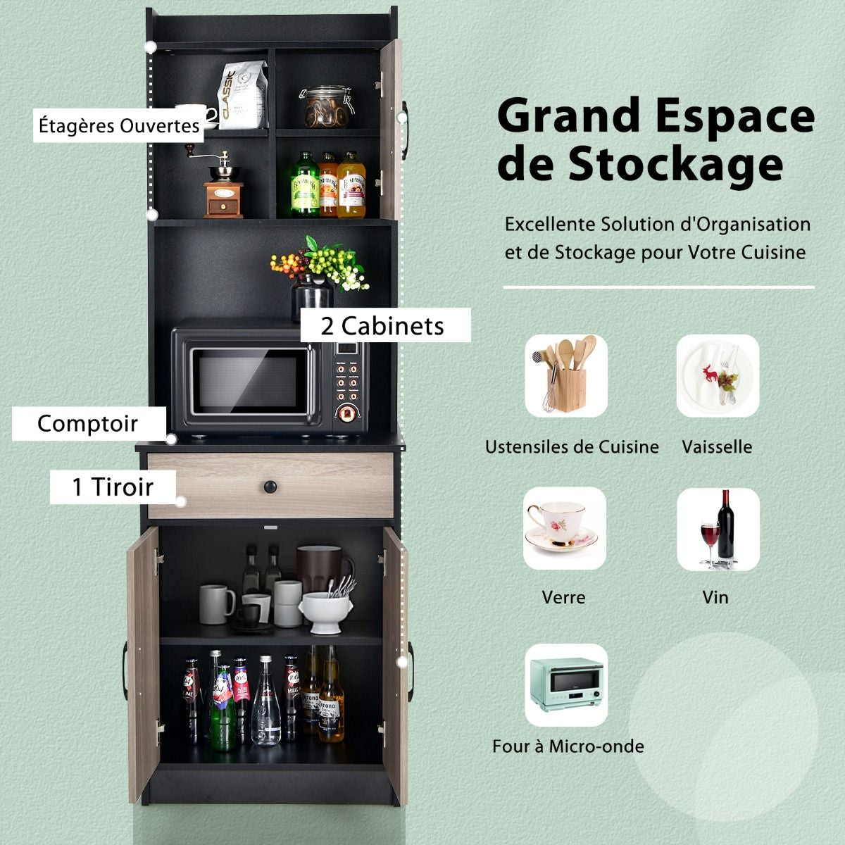 Buffet De Cuisine Meuble Cuisine Rangement Avec 3 Portes Et 1 Niche De Rangement Passe-Câble 60 X 40 X 180 CM Noir/Blanc