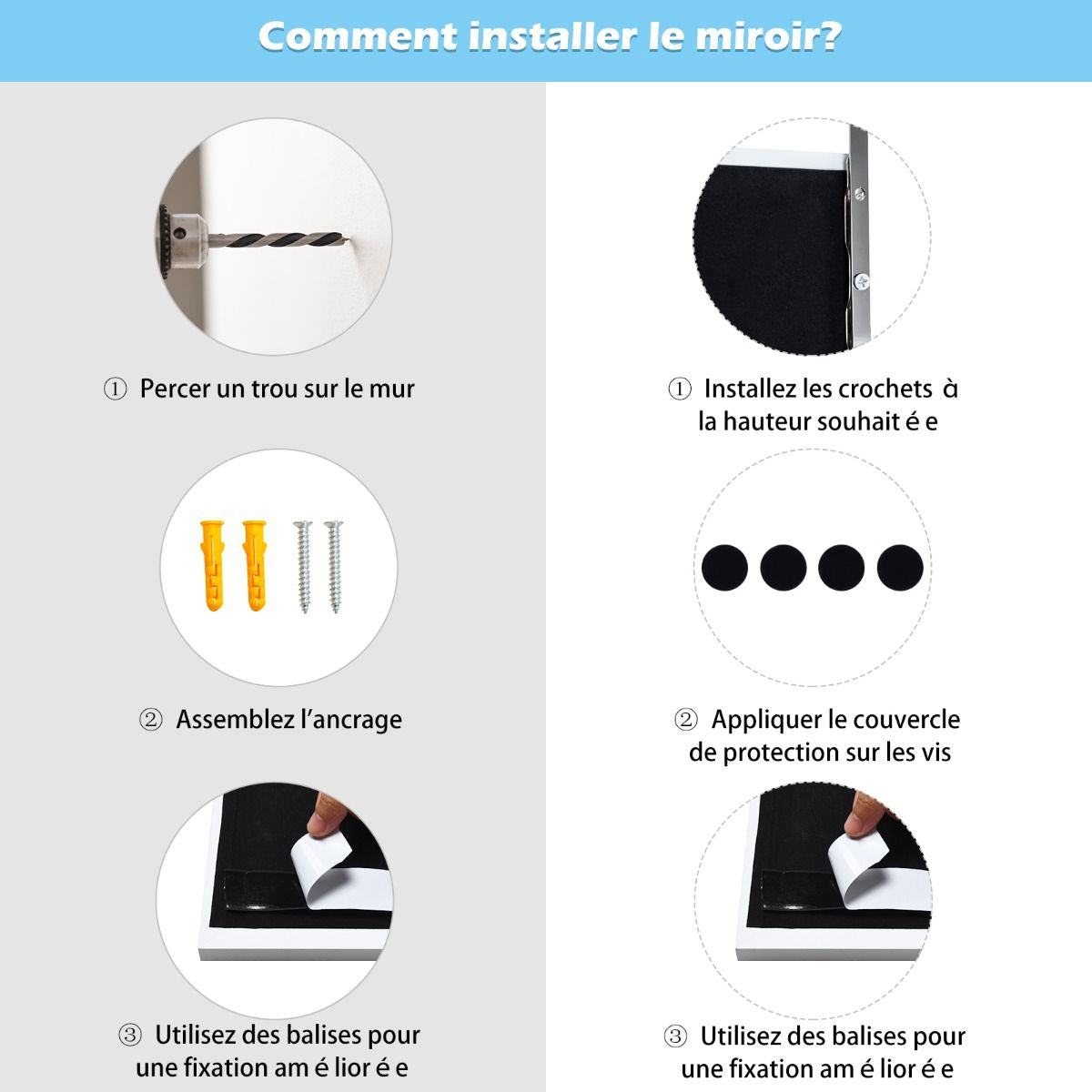 Miroir À Suspendre Sur Porte Avec Crochets De Suspension Réglables En Hauteur 36,5 X 107 CM Blanc/Café/Noir