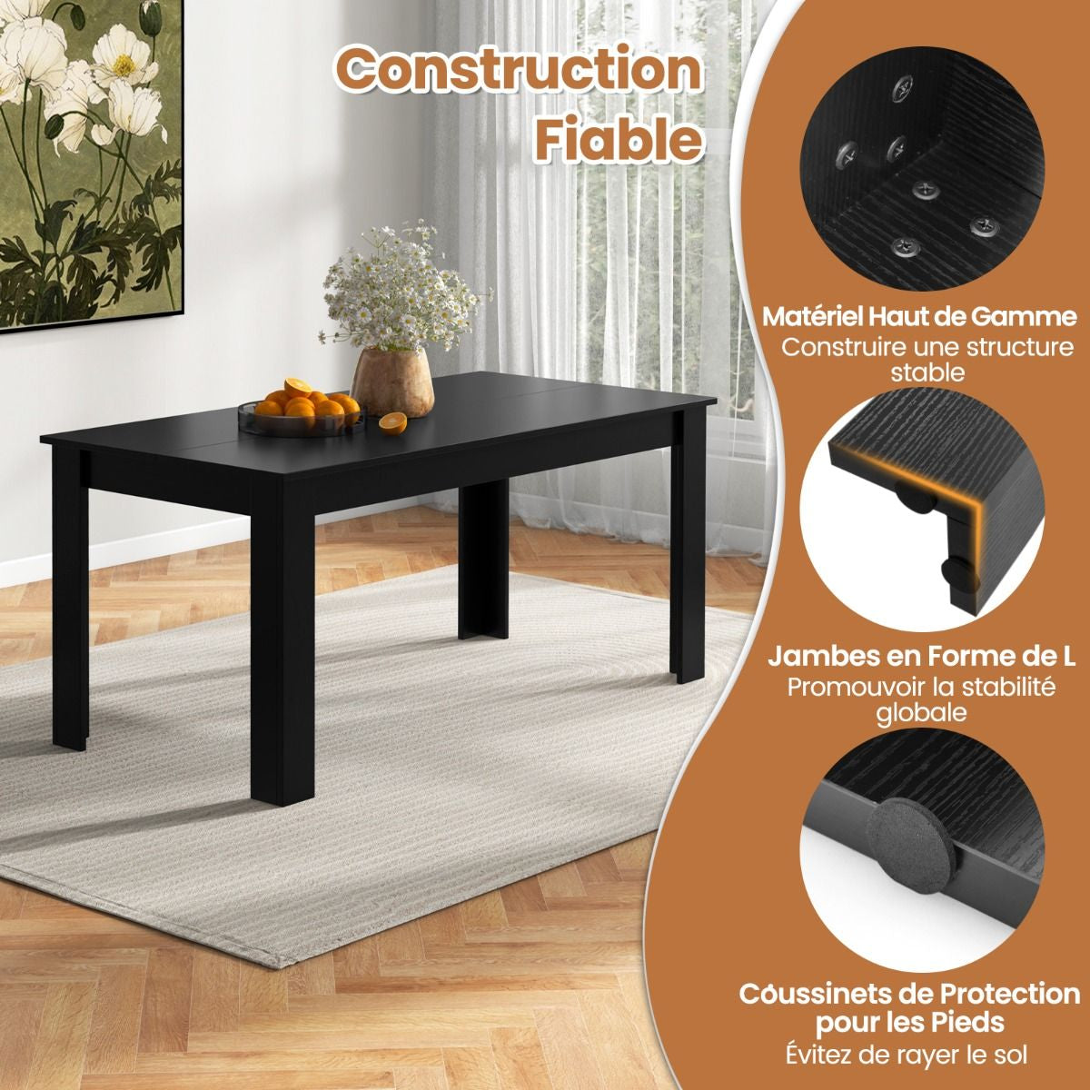 Table Salle À Manger De 160 CM Pour 6-8 Personnes Table Cuisine Rectangulaire Avec Pieds En Formes De L Robustes Table Bureau De Travail Moderne Naturel/Noir