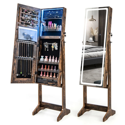 Armoire À Bijoux Sur Pied Avec Lumières LED Armoire Verrouillable Avec Miroir Pleine Longueur Éclairé Blanc/Marron Rustique/Noyer