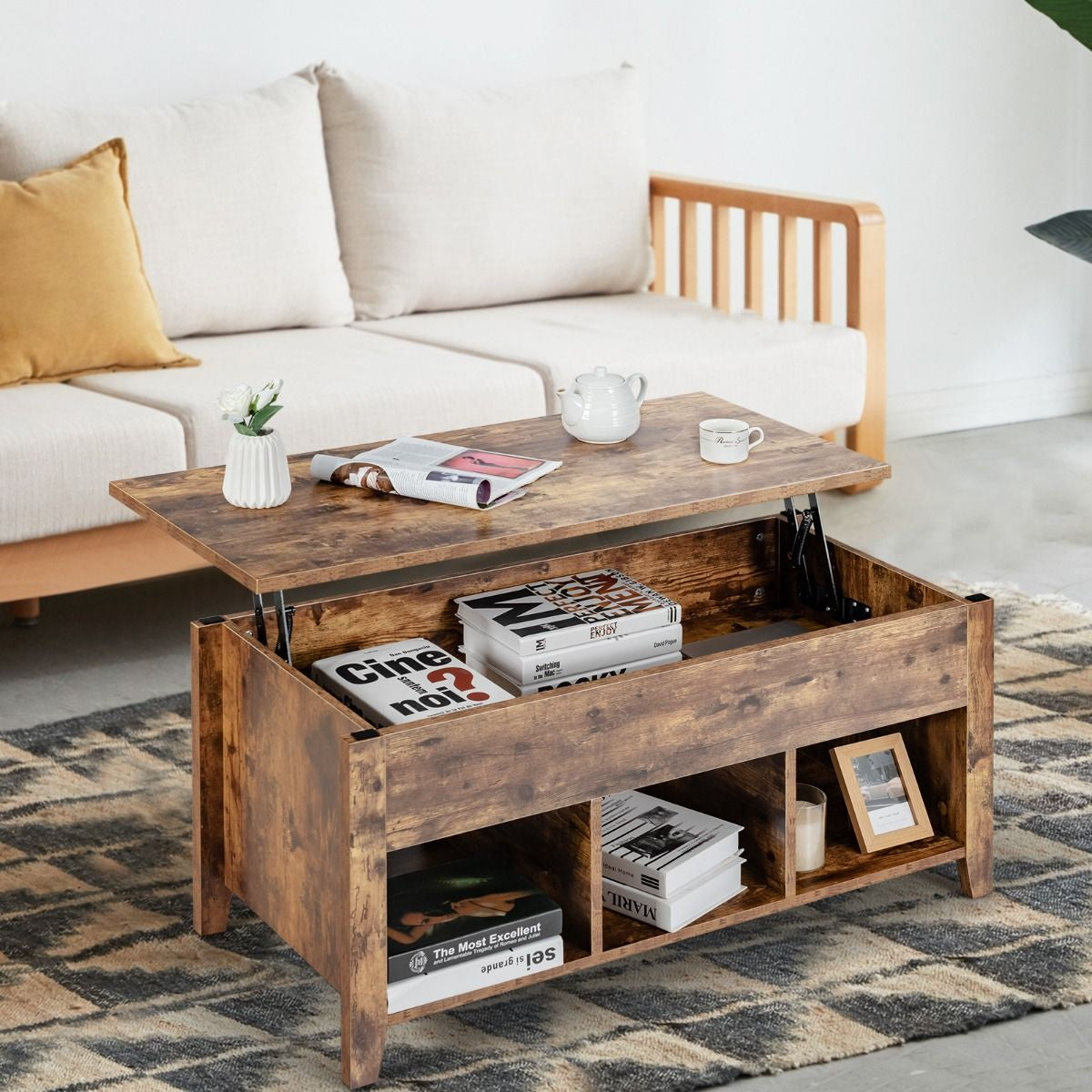 Table Basse Avec Plateau Relevable Noir 105 X 52 X 49 CM Avec Trois Compartiments Pour Rangement Design Contemporain Marron/Noir