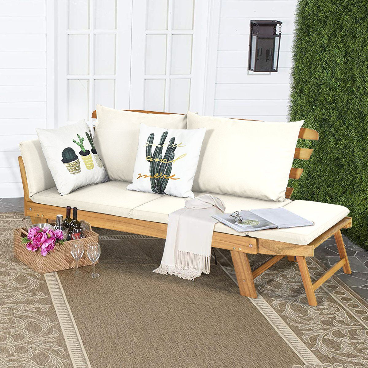 Chaise Longue Convertible Avec Coussin Canapé De Jardin 2 En 1 En Bois D’Acacia Avec Accoudoir Réglable 4 Couleurs Au Choix