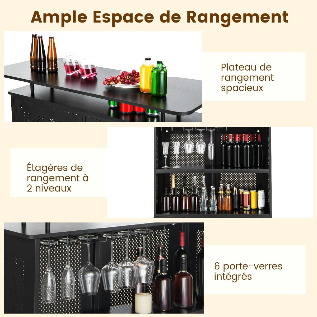 Table De Bar À Domicile À 4 Niveaux Armoire De Bar Avec 2 Étagères Pour Vin Et 6 Supports De Verres Repose-Pieds En Métal 7 Pieds Réglables Noir/Marron