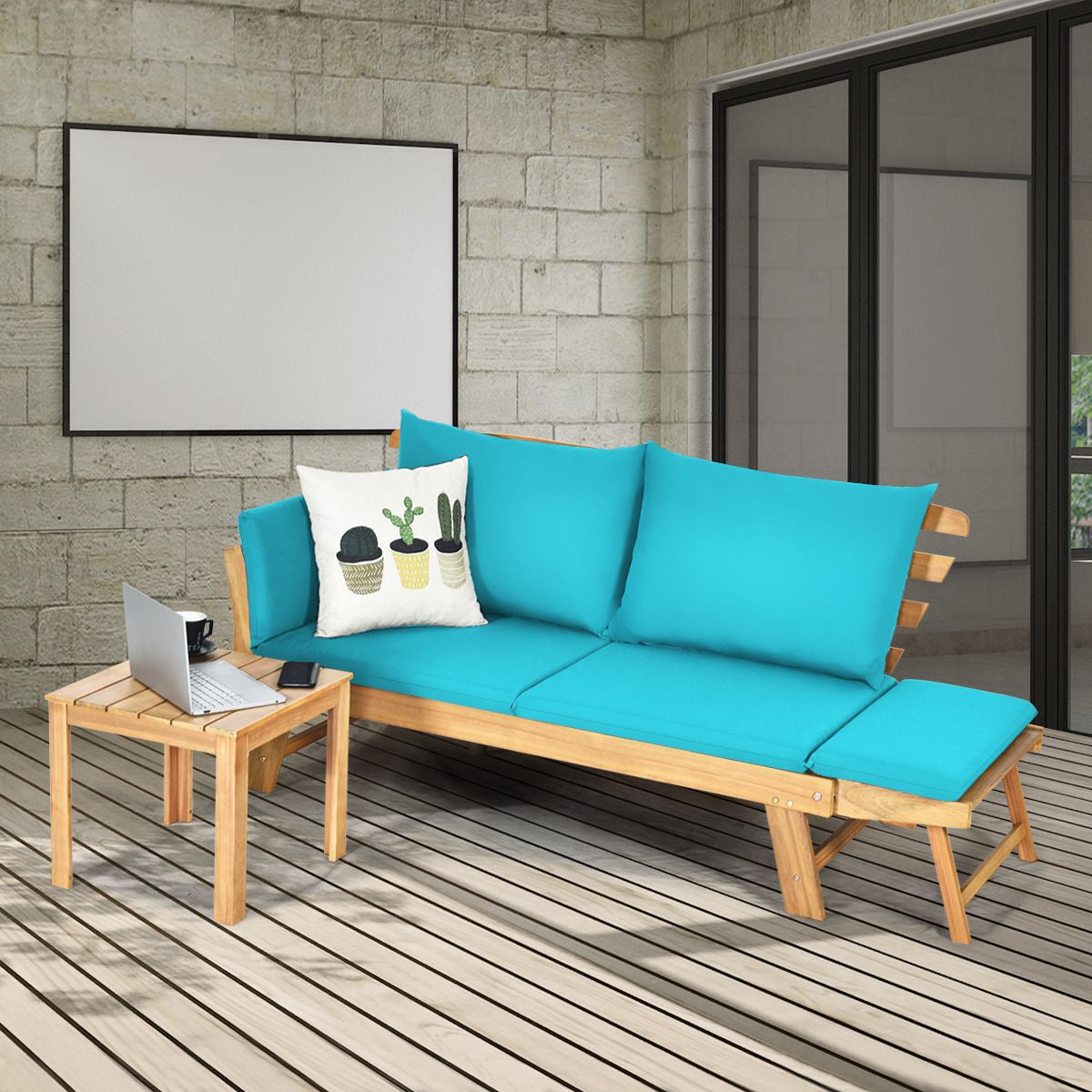 Chaise Longue Convertible Avec Coussin Canapé De Jardin 2 En 1 En Bois D’Acacia Avec Accoudoir Réglable 4 Couleurs Au Choix