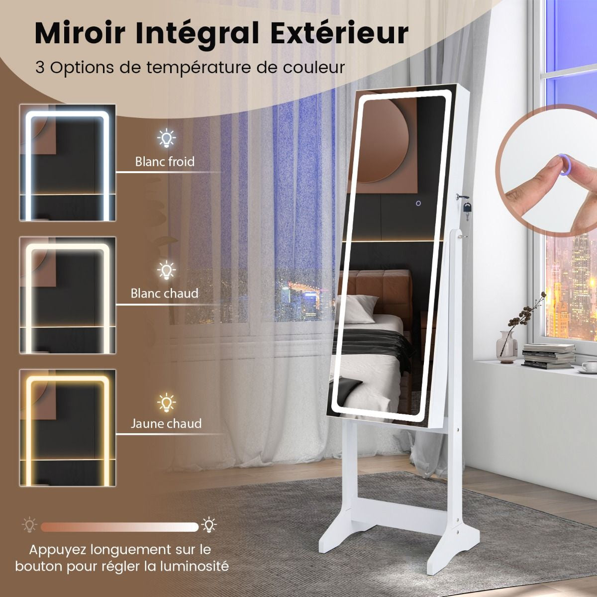 Armoire À Bijoux Sur Pied Avec Lumières LED Armoire Verrouillable Avec Miroir Pleine Longueur Éclairé Blanc/Marron Rustique/Noyer