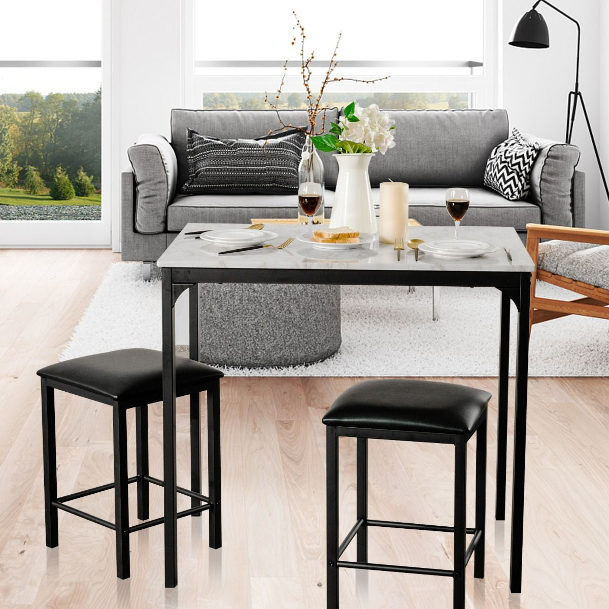 Table Haute Cuisine Avec 2 Tabourets Table Bar Cuisine Cadre En Métal Mange-Debout Industriel Pour Bistro Salle À Manger Cuisine Blanc/Café/Noir