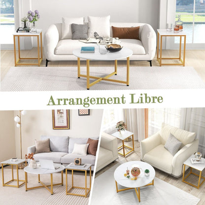 Ensemble De Tables Basses 3 Pièces Table Ronde Et 2 Tables D'Appoint Carrées Avec Cadre En Métal Robuste Noyer/Blanc/Gris