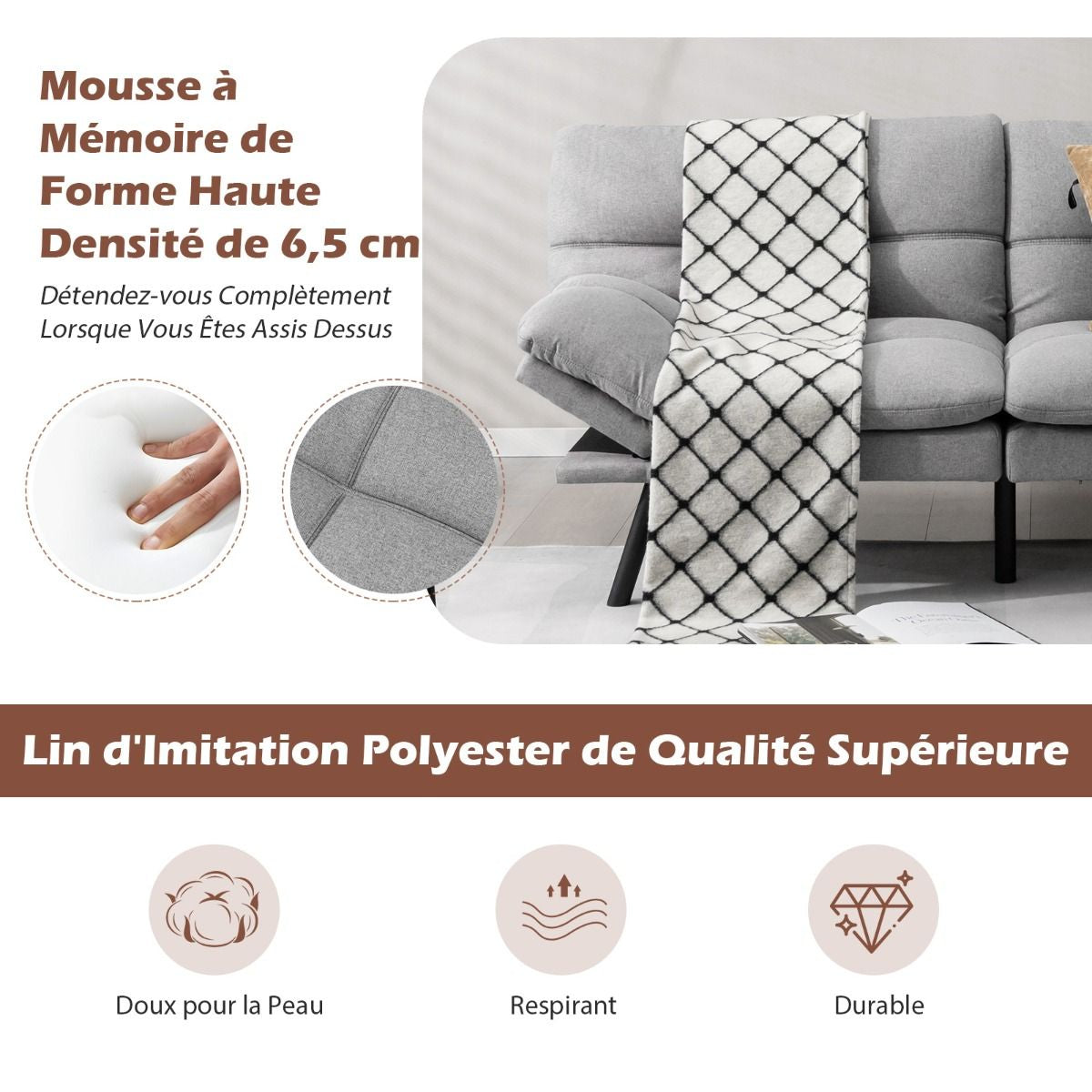 Canapé-Lit Futon Convertible En Mousse À Mémoire De Forme Avec Dossier Et Accoudoirs Réglables Canapé-Lit Futon Moderne Gris/Noir/Brun
