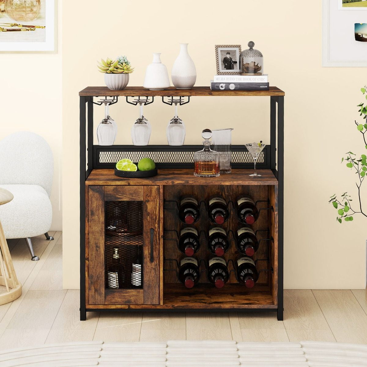 Meuble Bar Meuble À Vin Autonome Avec Casier À Vin Porte-Verres Rangement Buffet Bar Café Industriel Avec Porte En Grillage Brun Rustique