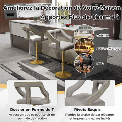 Lot De 2 Chaises De Bar Pivotantes Et Réglables Repose-Pied Base En Métal Galvanisé Anneau Antidérapant Gris/Rose
