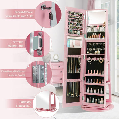 Armoire À Bijoux Pivotante À 360°Avec Lumières LED 3 Couleurs Miroir Pleine Longueur Et Étagère 3 Niveaux En Arrière 10 Couleurs Au Choix
