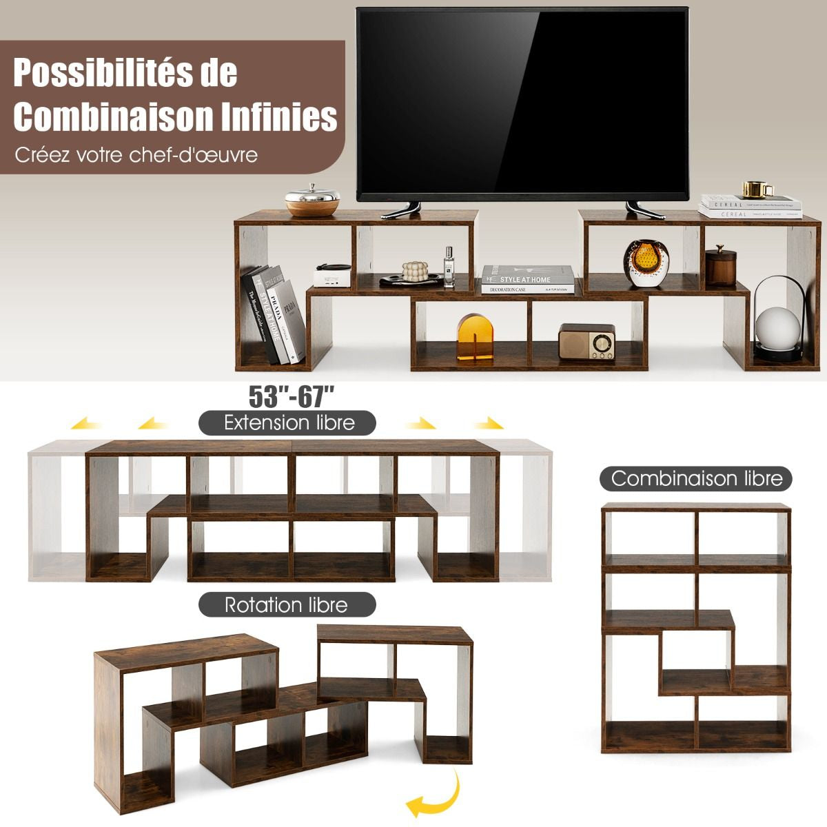 Meuble TV 3 Pièces 134-180X30X43Cm Combination Libre Pour Télévision Jusqu’À 49 Pouces Pour Salon Chambre Bureau En MDF Noir/Blanc/Café/Gris