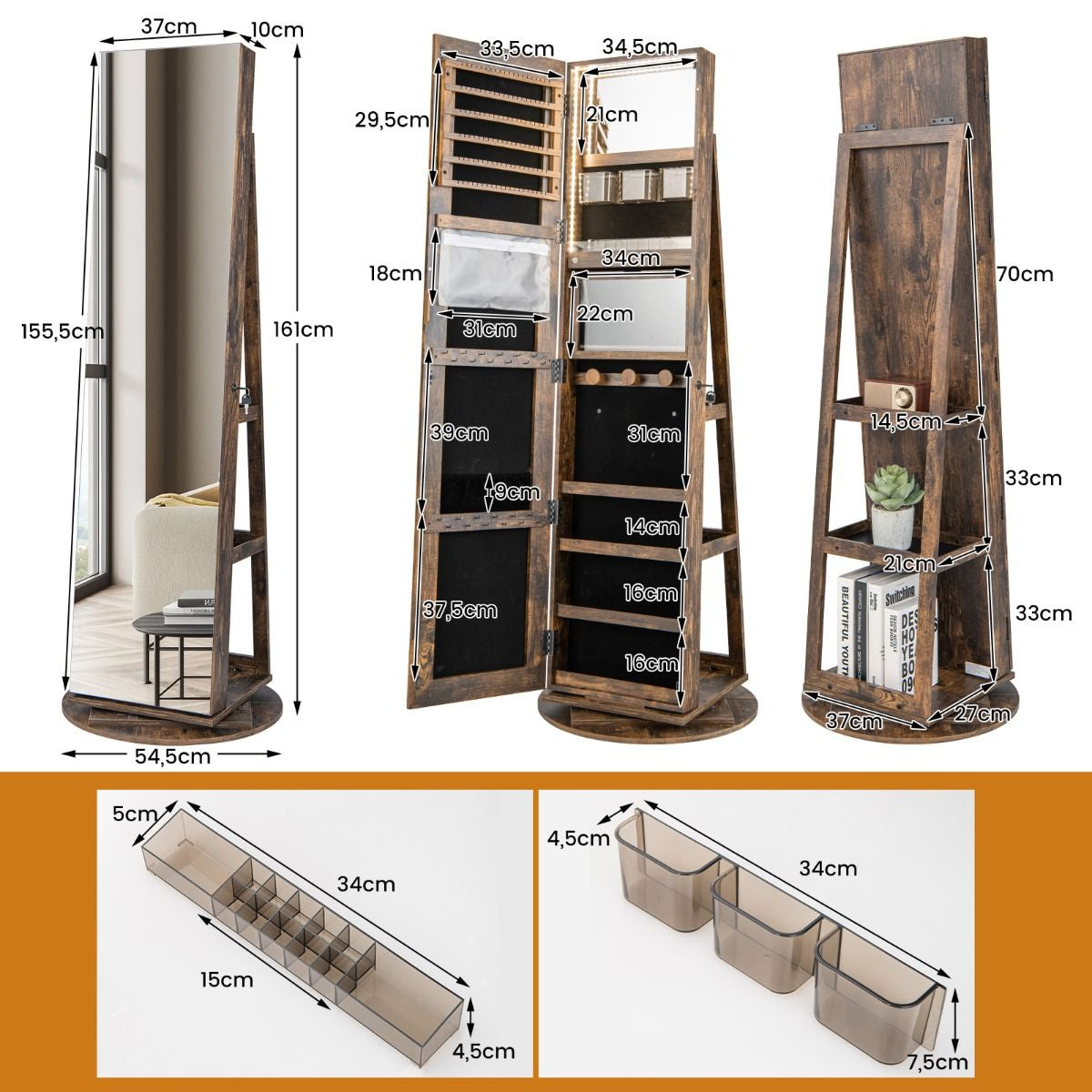 Armoire À Bijoux Pivotante À 360°Avec Lumières LED 3 Couleurs Miroir Pleine Longueur Et Étagère 3 Niveaux En Arrière 10 Couleurs Au Choix