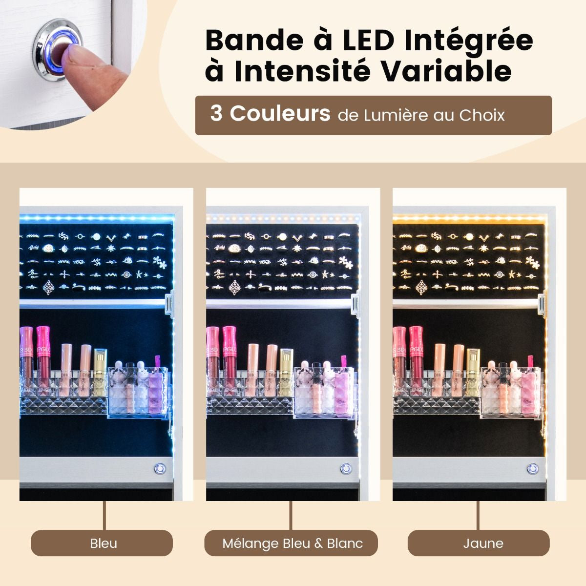 Armoire À Bijoux Sur Pied Avec Lumières LED Armoire Verrouillable Avec Miroir Pleine Longueur Éclairé Blanc/Marron Rustique/Noyer
