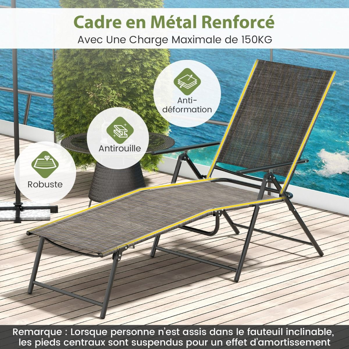 Chaises Longues Pliantes Fauteuil 2 Pièces Dossier À 6 Niveaux Tissu De Siège Respirant Cadre En Métal Solide Chaises Inclinables Réglables Gris/Noir/Café