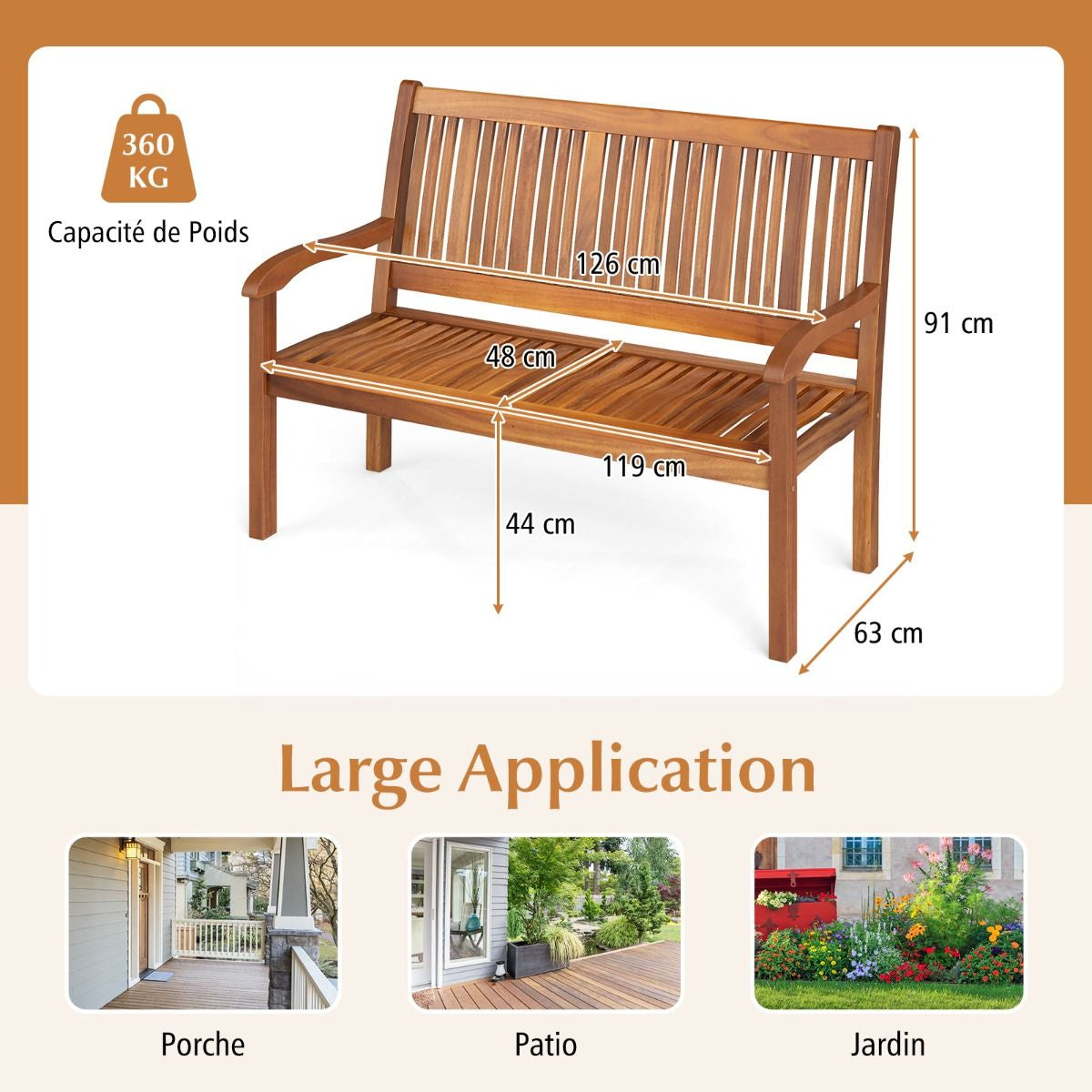 Banc De Jardin En Bois Avec Dossier Et Accoudoir Large Idéal Pour Balcon Jardin Bord De Piscine Etc.