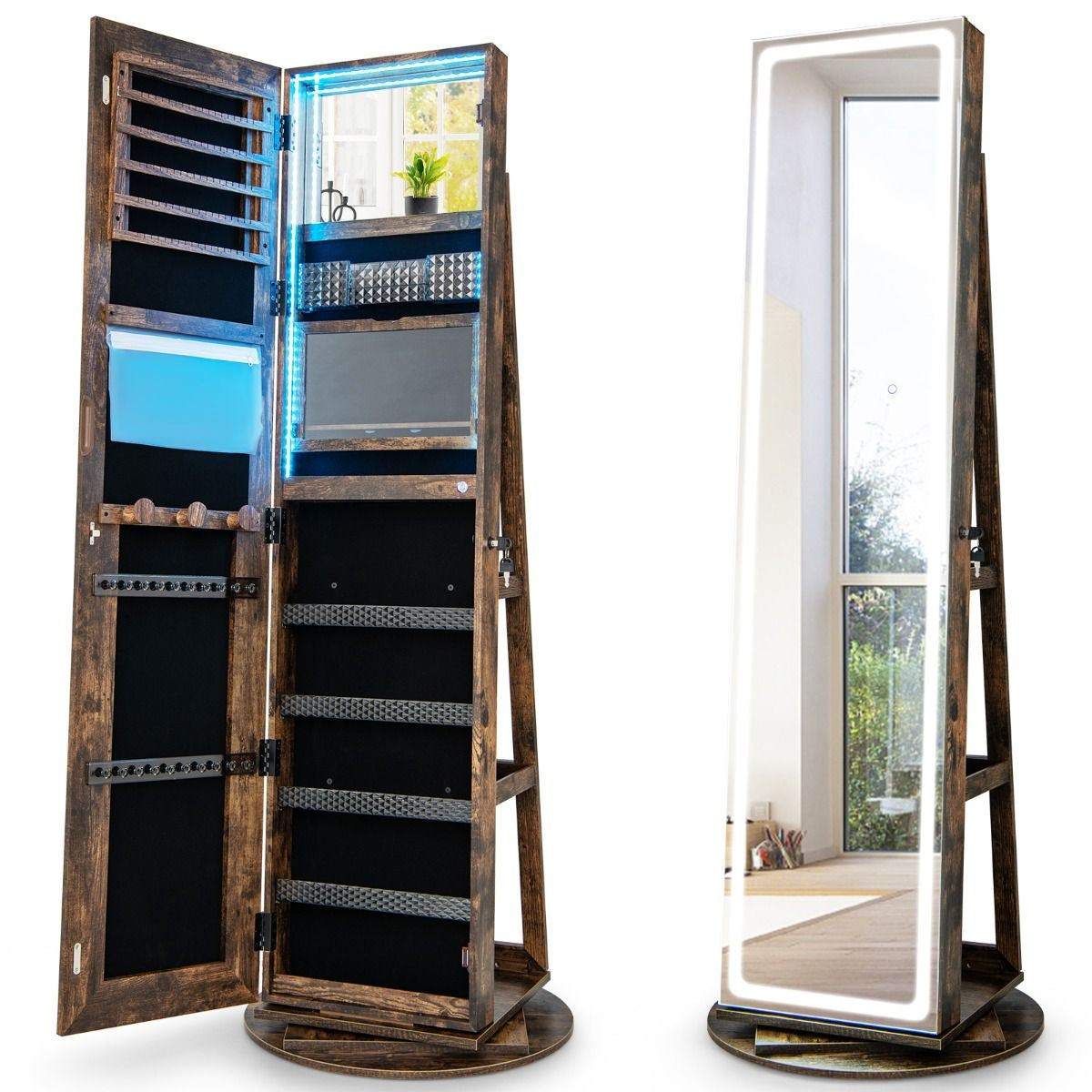 Armoire À Bijoux Avec Miroir Sur Pieds Pivotant 360° Grand Miroir Psyché Sans Cadre Avec LED Verrouillable Placard Beauté 3 Étagères Blanc/Café