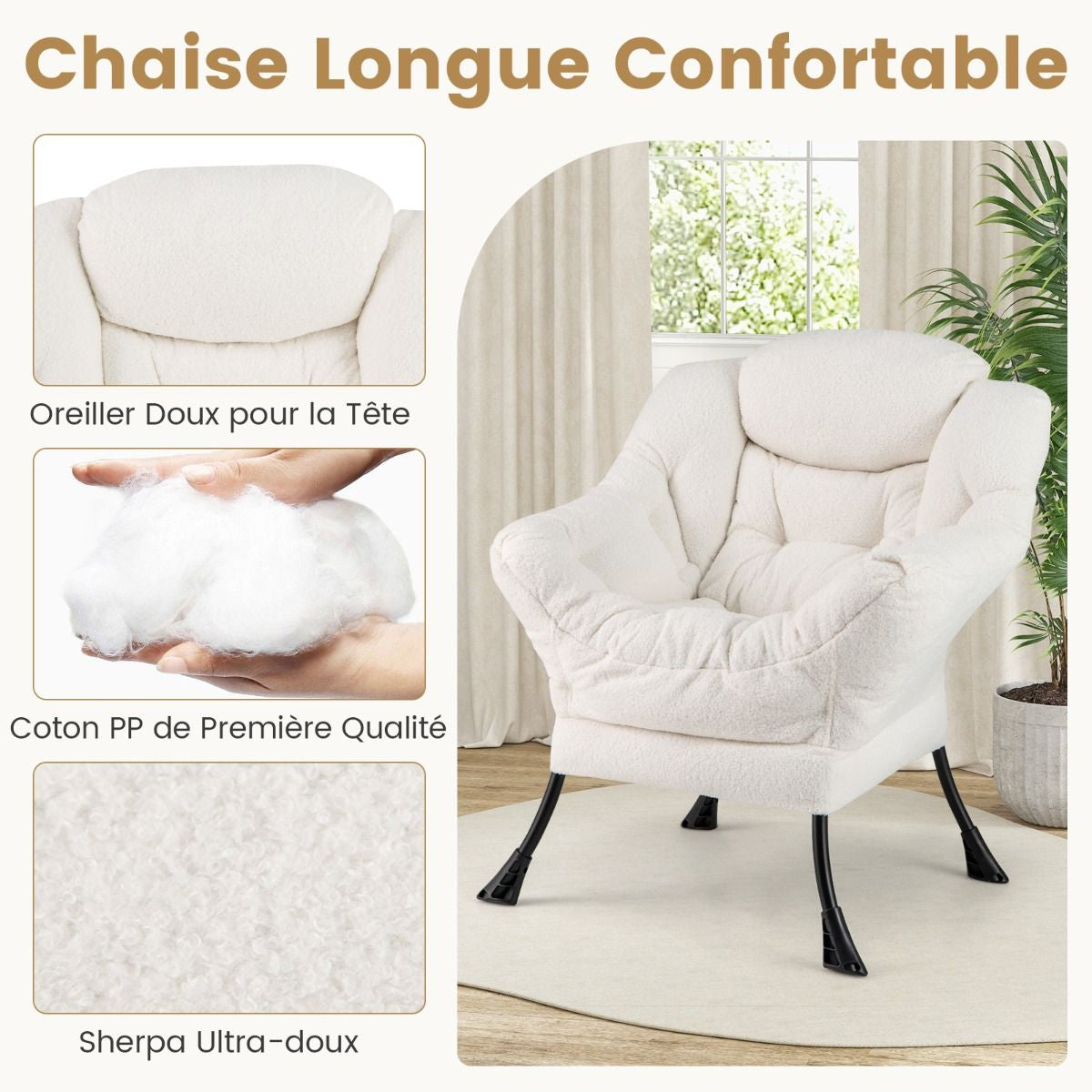 Chaise Paresseuse Avec Ottoman Fauteuil De Loisirs Rembourré Sherpa Moderne Avec Repose-Pied Pliable Coussin De Tête Beige/Gris/Rose