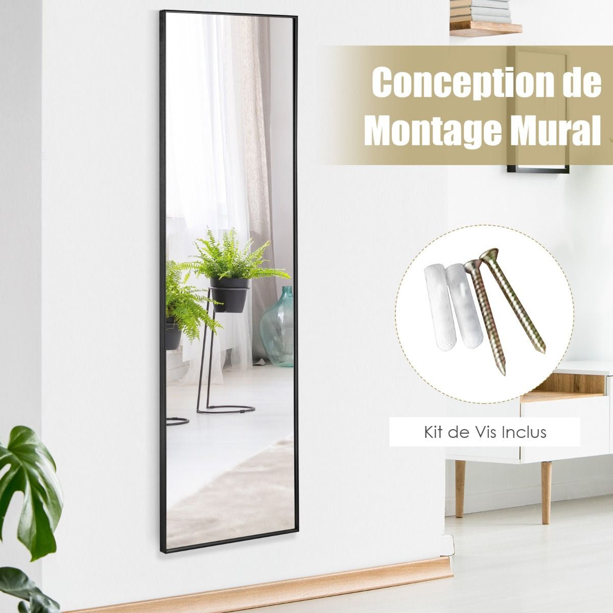 Miroir HD Psyché Mural Miroir Rectangulaire De Grand Format H 120 X L37 CM Cadre Argent En Alliage D'Aluminium Noir/Argent/Or