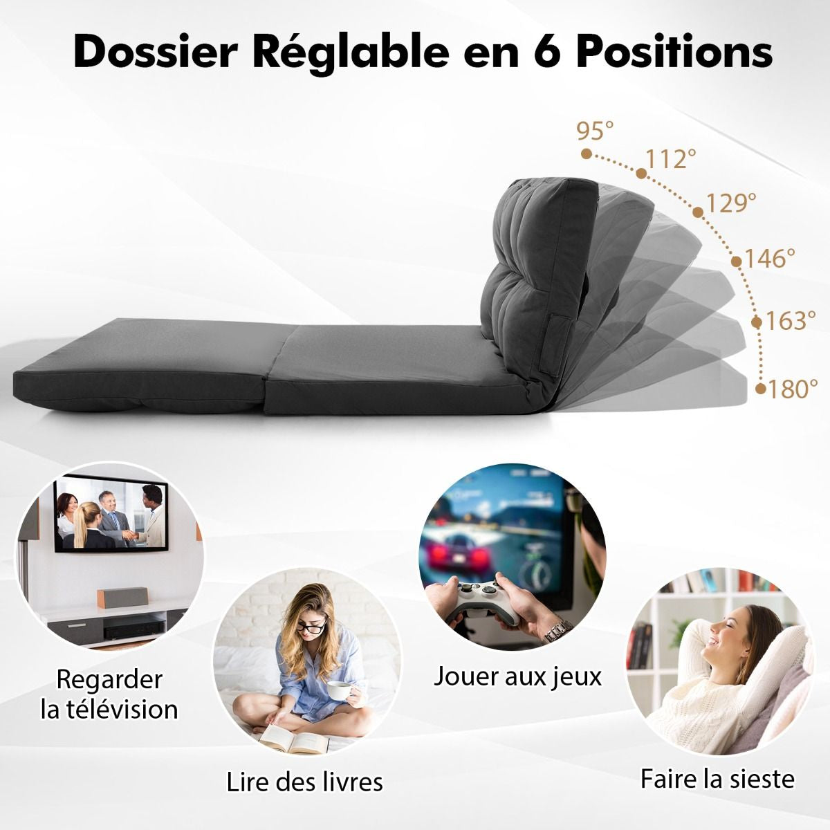Canapé Lit Convertible En Velours Pliable Dossier Réglable À 6 Niveaux Avec 2 Coussins Gris Clair/Gris Foncé