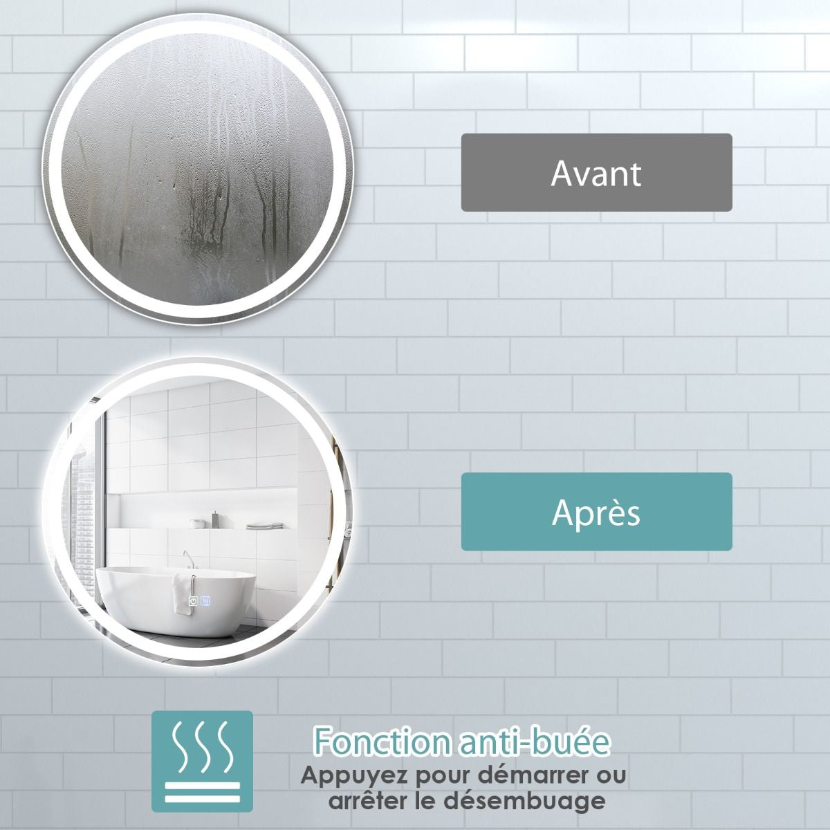 Miroir De Salle De Bain LED Ø 60 Cm Avec 3 Eclairages Interrupteur Tactile Et Fonction Anti-Buée